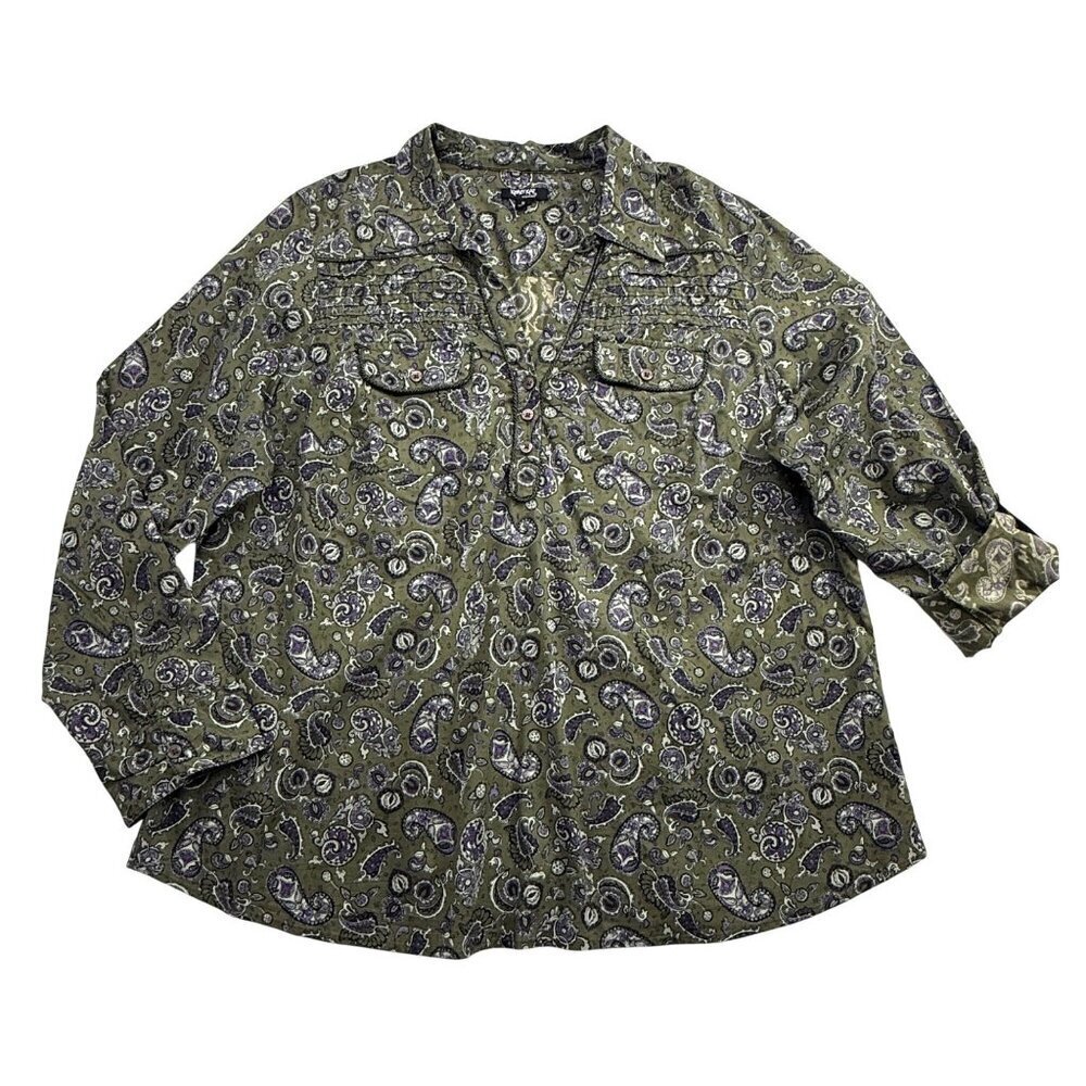 Krazy Kat Paisley Roll Tab Split V-neck Top Green Purple Country Western Size 1X